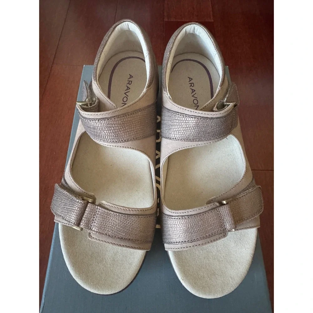 Aravon Duxbury Two Strap Taupe Suede Metallic Sandals CH4079 Womens 10 2E Wide